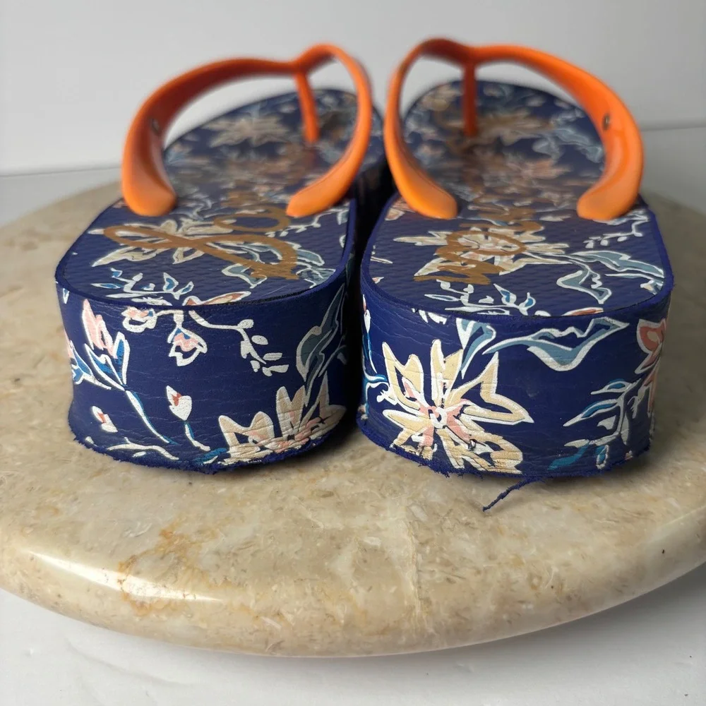 Sam Edelman Kylee Platform Flip Flops 7M Navy Orange Floral Wedge Sandals Y2K